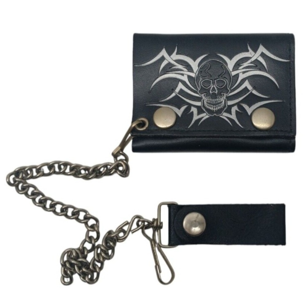 Genuine Leather Biker Wallet With‎ Chain Trifold - Skull Screen Print On Wallet